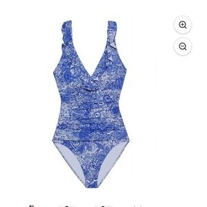 160$ Ralph Lauren Blue And White Ruffle One Piece Bathing Suit